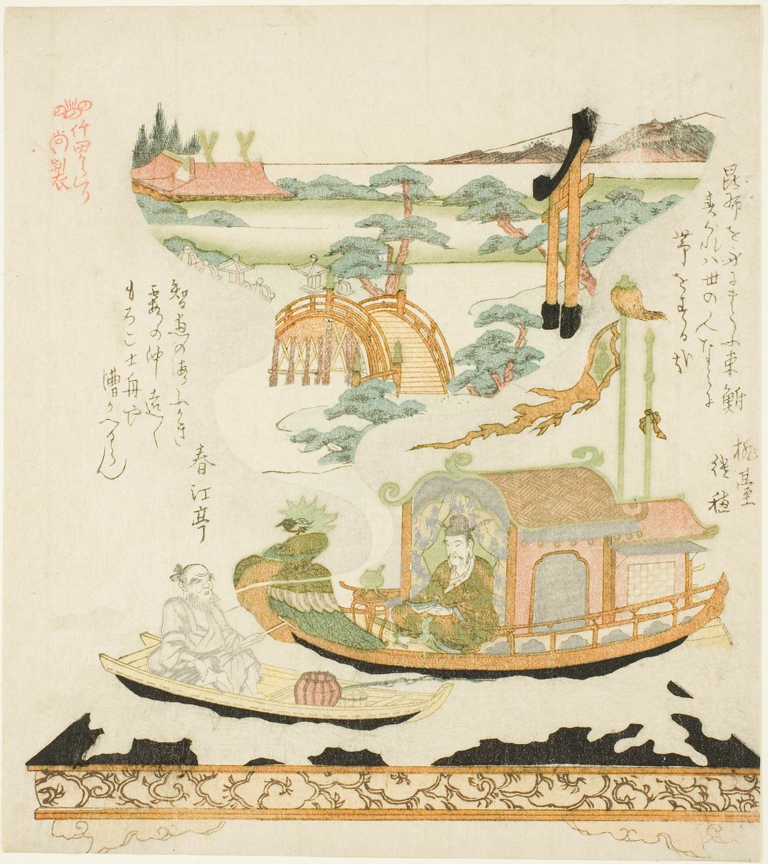 Dispositif mécanique Takeda (Takeda karakuri) : Haku Rakuten (chinois : Bai Juyi) et le pêcheur - Kubo Shunman