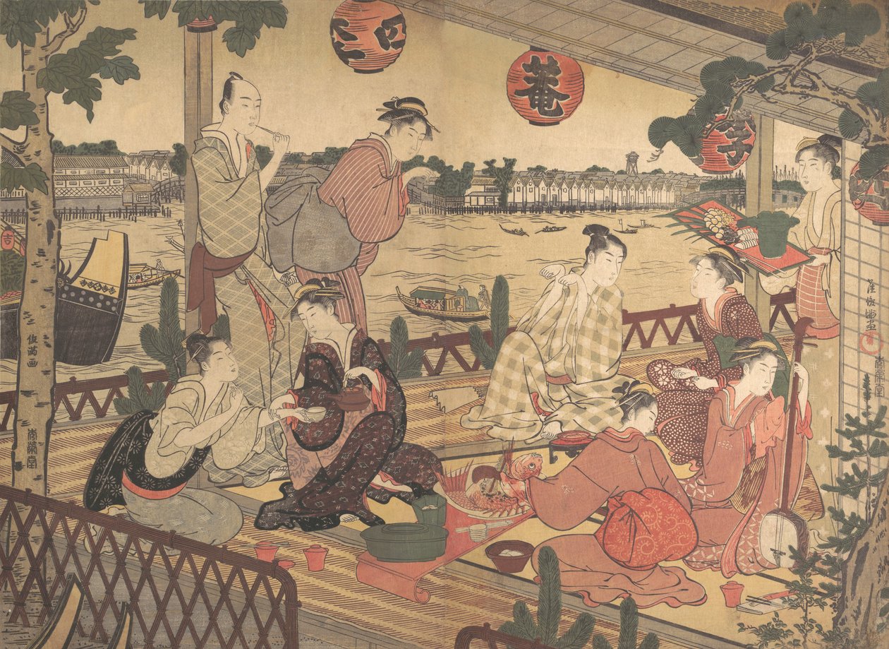 Deux jeunes hommes et plusieurs femmes dînant dans une maison de thé sur la rive de la rivière Sumida - Kubo Shunman