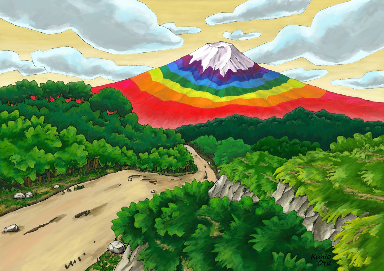 Une seule route et Mont Fuji aux couleurs de l