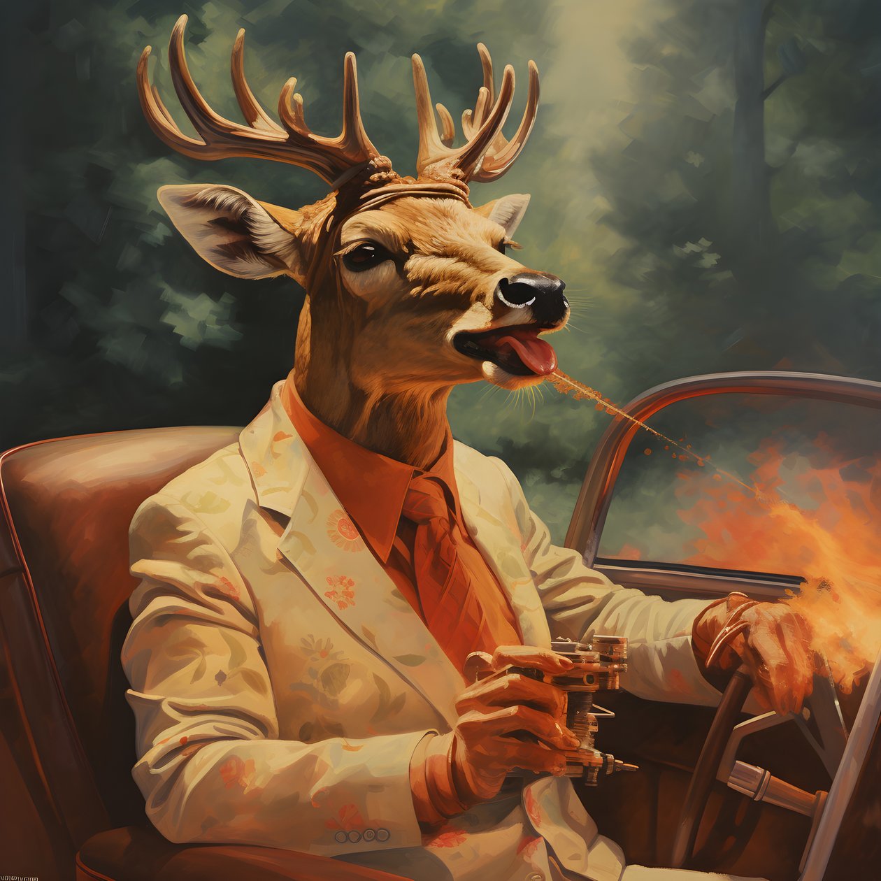 un cerf avec un cigare dans la bouche conduisant une voiture décapotable 2 - Kurt Heppke