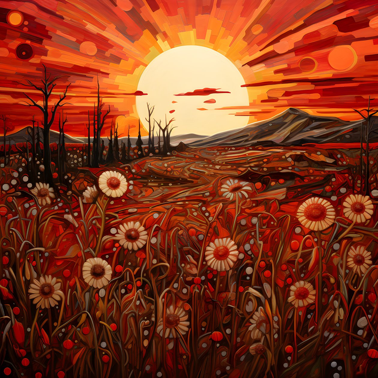 Art paysager abstrait avec un champ de fleurs sauvages et un soleil rouge vif 3 - Kurt Heppke