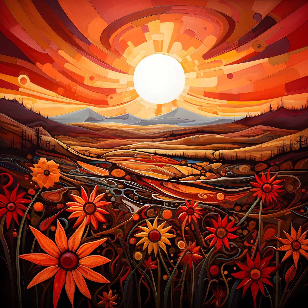 Art paysager abstrait avec un champ de fleurs sauvages et un soleil rouge vif 4 - Kurt Heppke