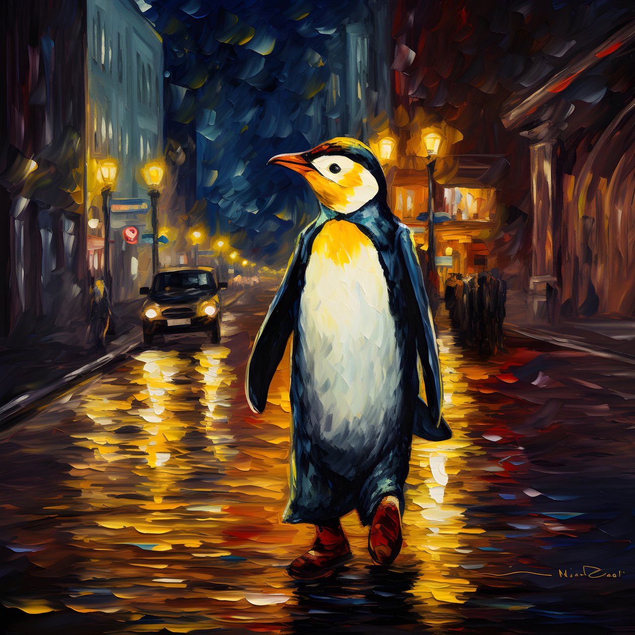 Un pingouin en costume marche dans la rue 1 - Kurt Heppke