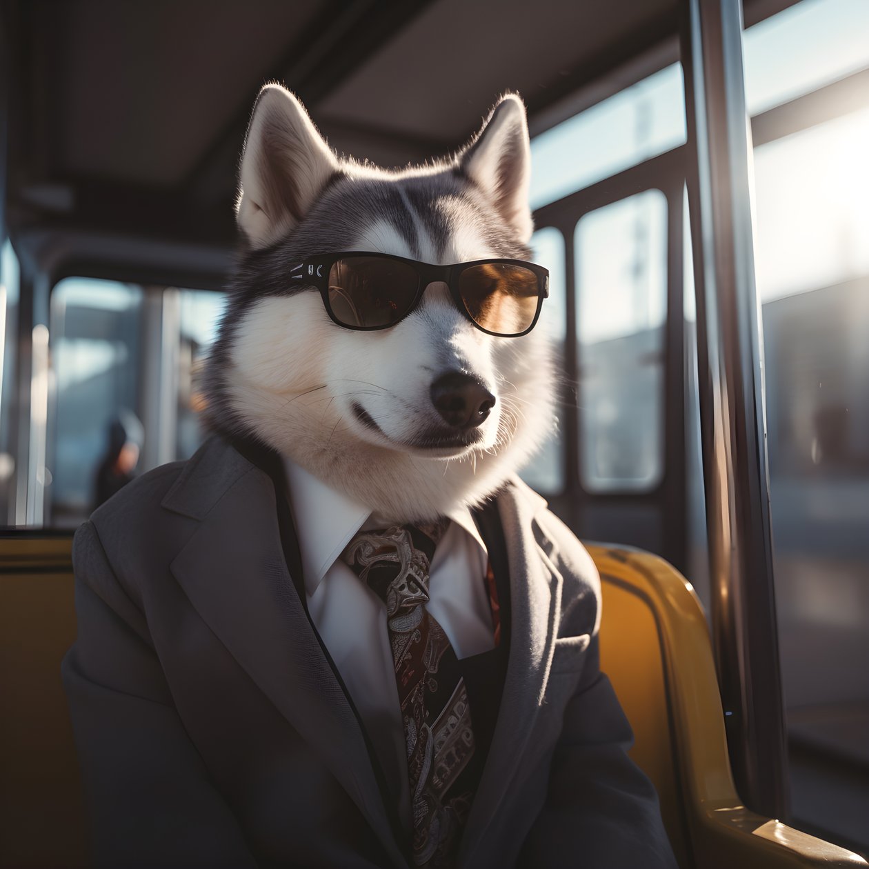 Un chien Husky sibérien en costume et avec des lunettes de soleil à la gare routière, comme un gentleman 3 - Kurt Heppke