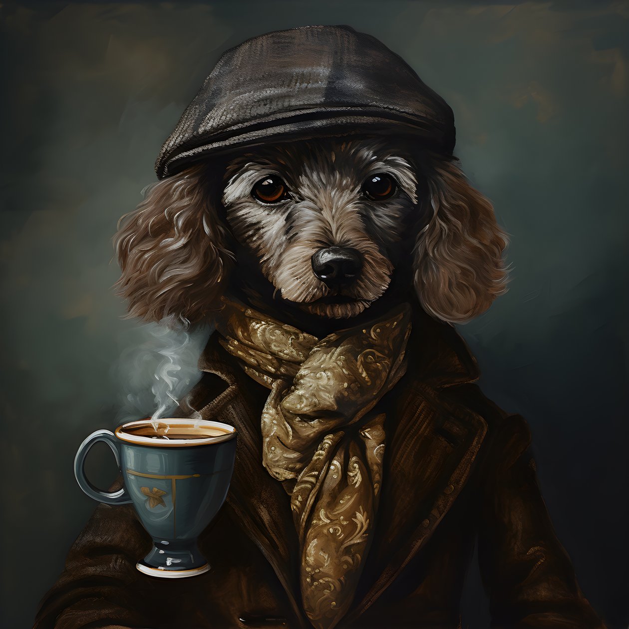 Un caniche cultivé boit une tasse de thé, porte un col roulé et une casquette plate, fond enfumé 1 - Kurt Heppke