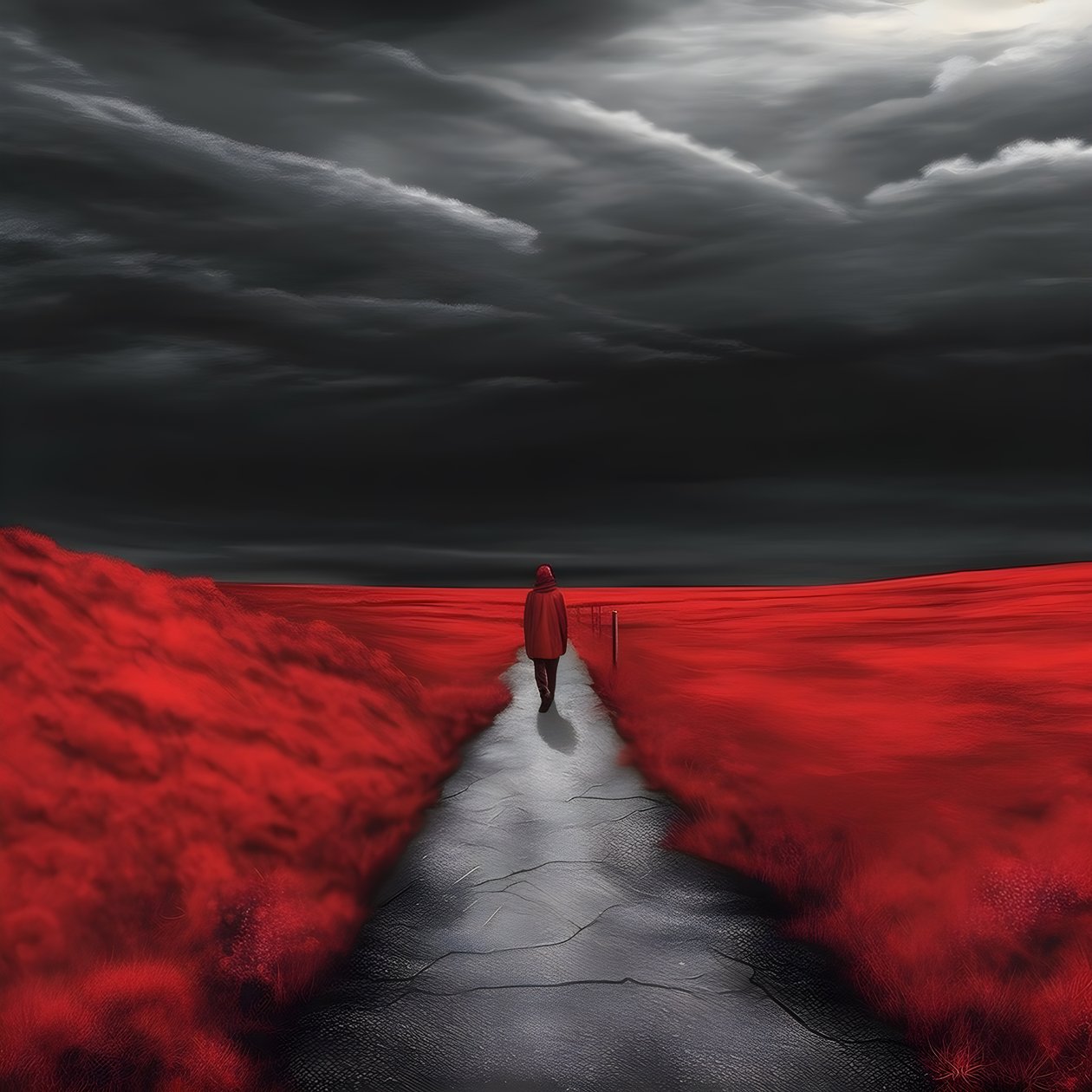 Une longue route rouge. Marcher. Comme le héros qui n