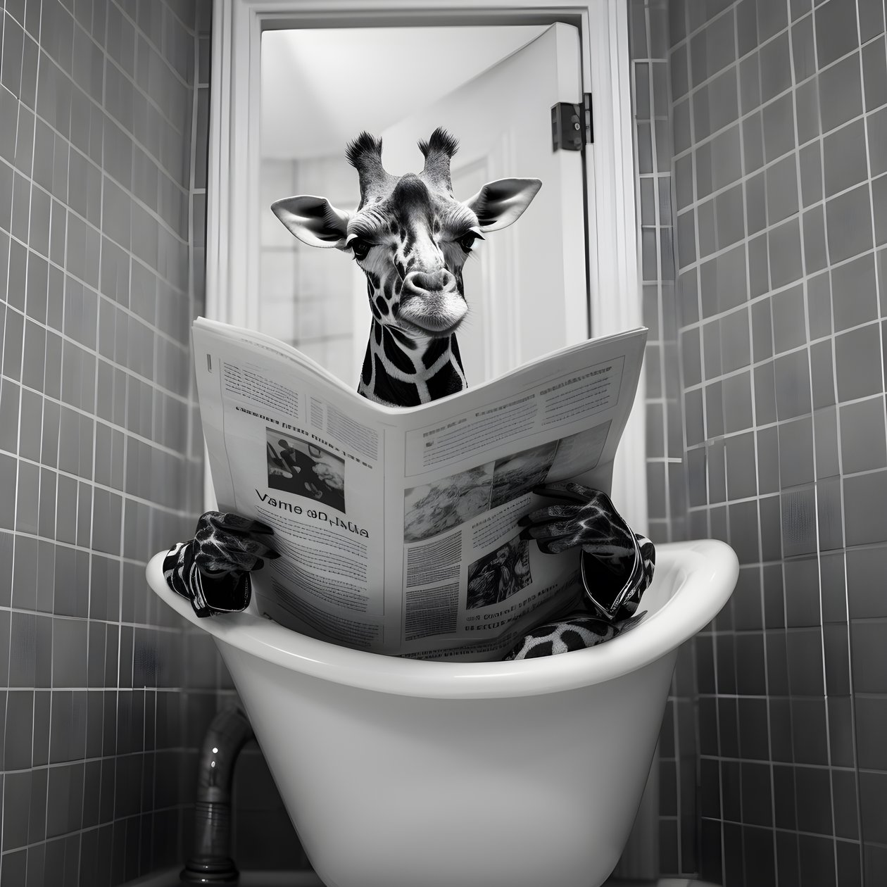 Girafe heureuse assise sur les toilettes avec un journal 3 - Kurt Heppke