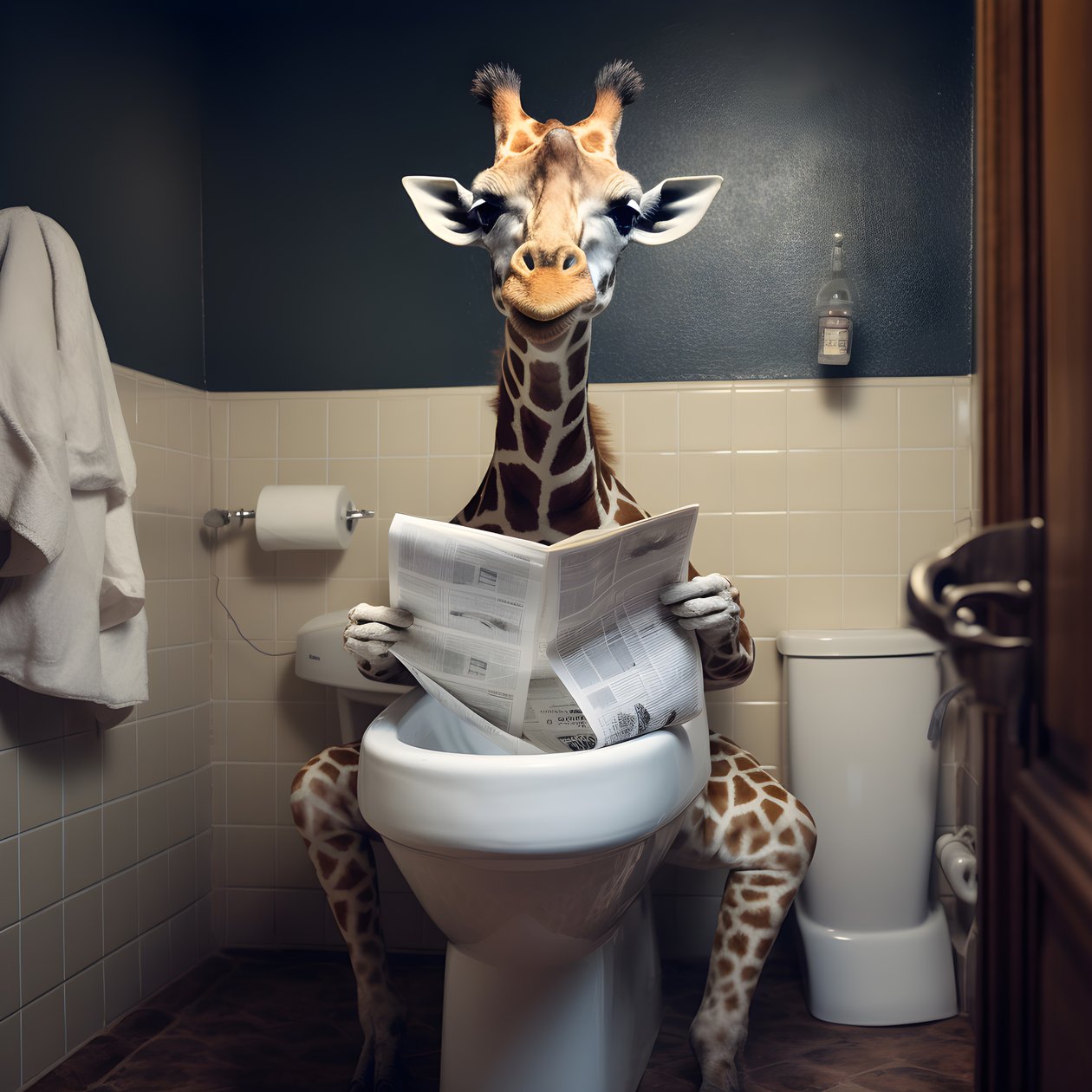 Girafe heureuse assise sur les toilettes avec un journal 4 - Kurt Heppke