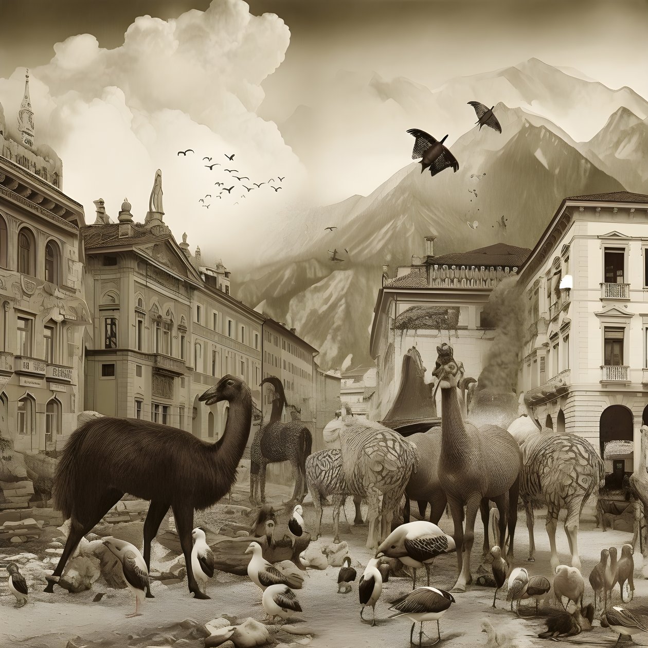 Innsbruck dans une vieille photographie avec des zèbres élégants, des mouettes, des singes et des figurines en argile. 3 - Kurt Heppke