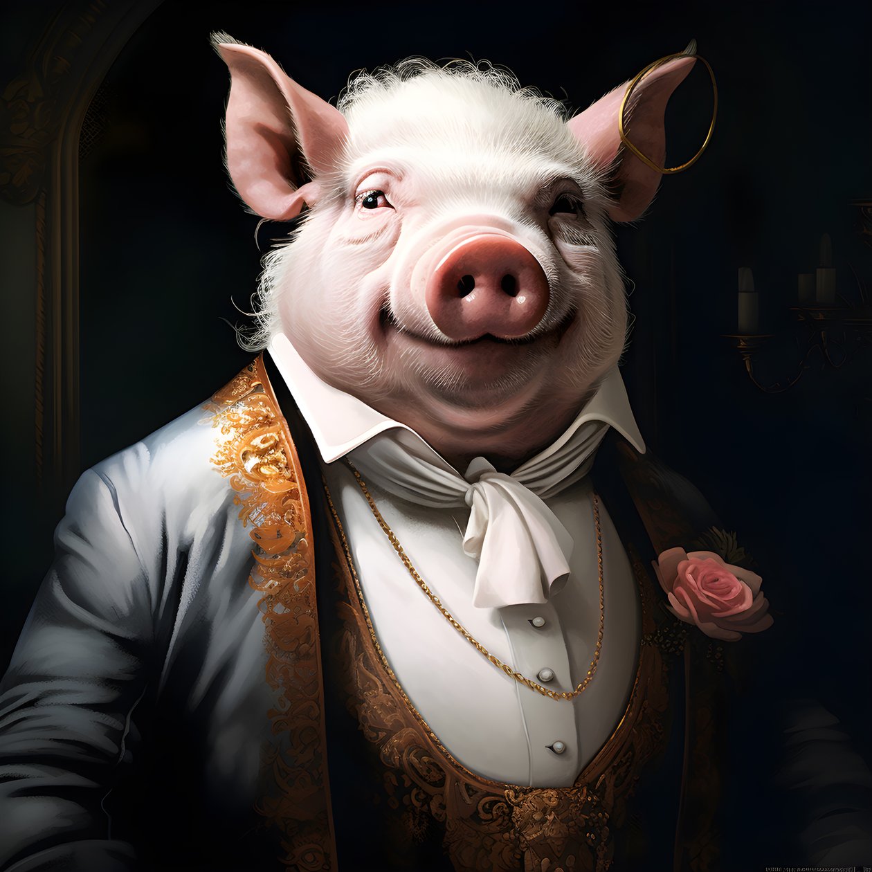 propriétaire de plantation de porcs anthropomorphe, yeux perçants, corps gras et potelé, cigare à la main, costume blanc élégant, montre de poche en chaîne, monocle, chapeau de feutre blanc, gros plan - Kurt Heppke