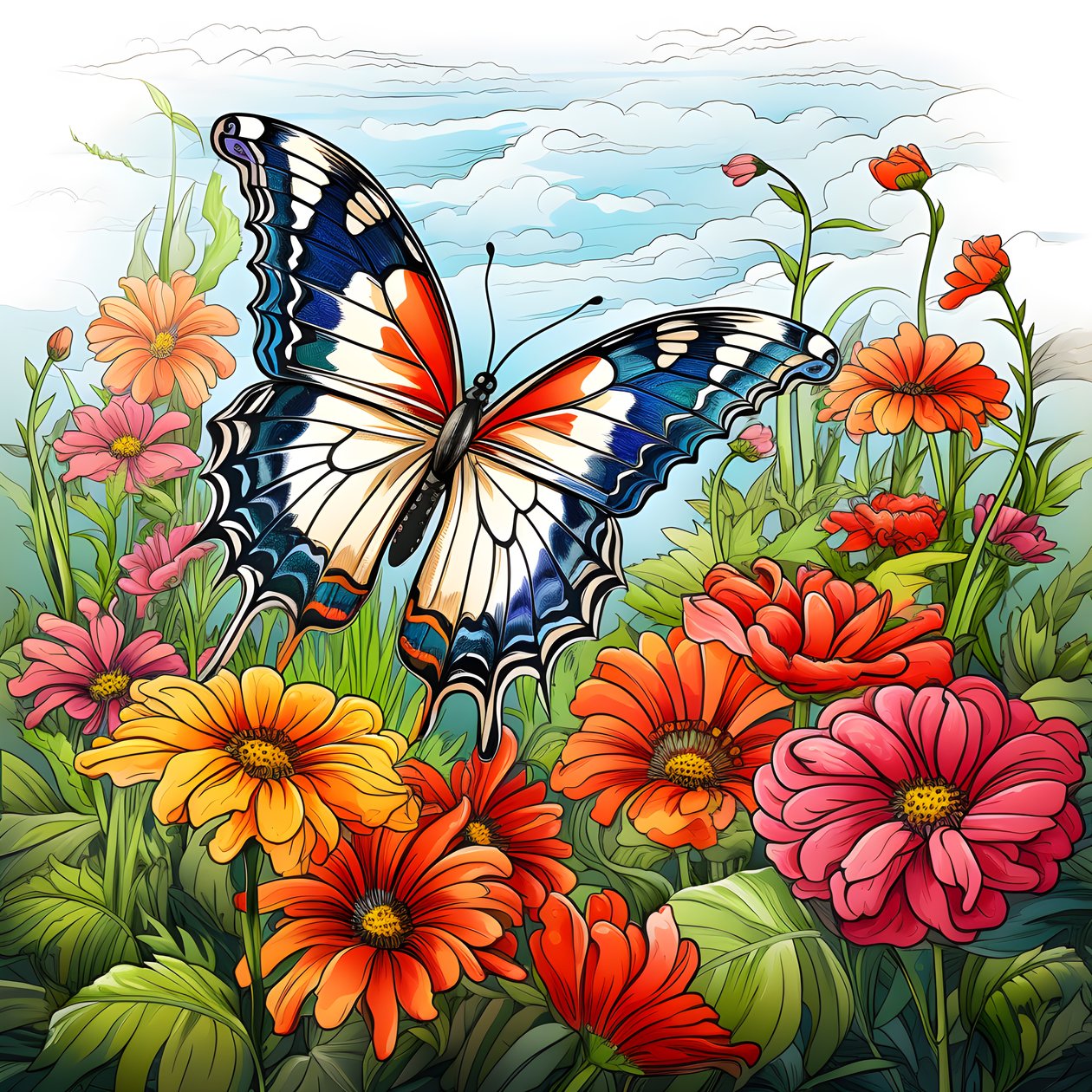 Papillon dans un pré avec une treille de fleurs 3 - Kurt Heppke