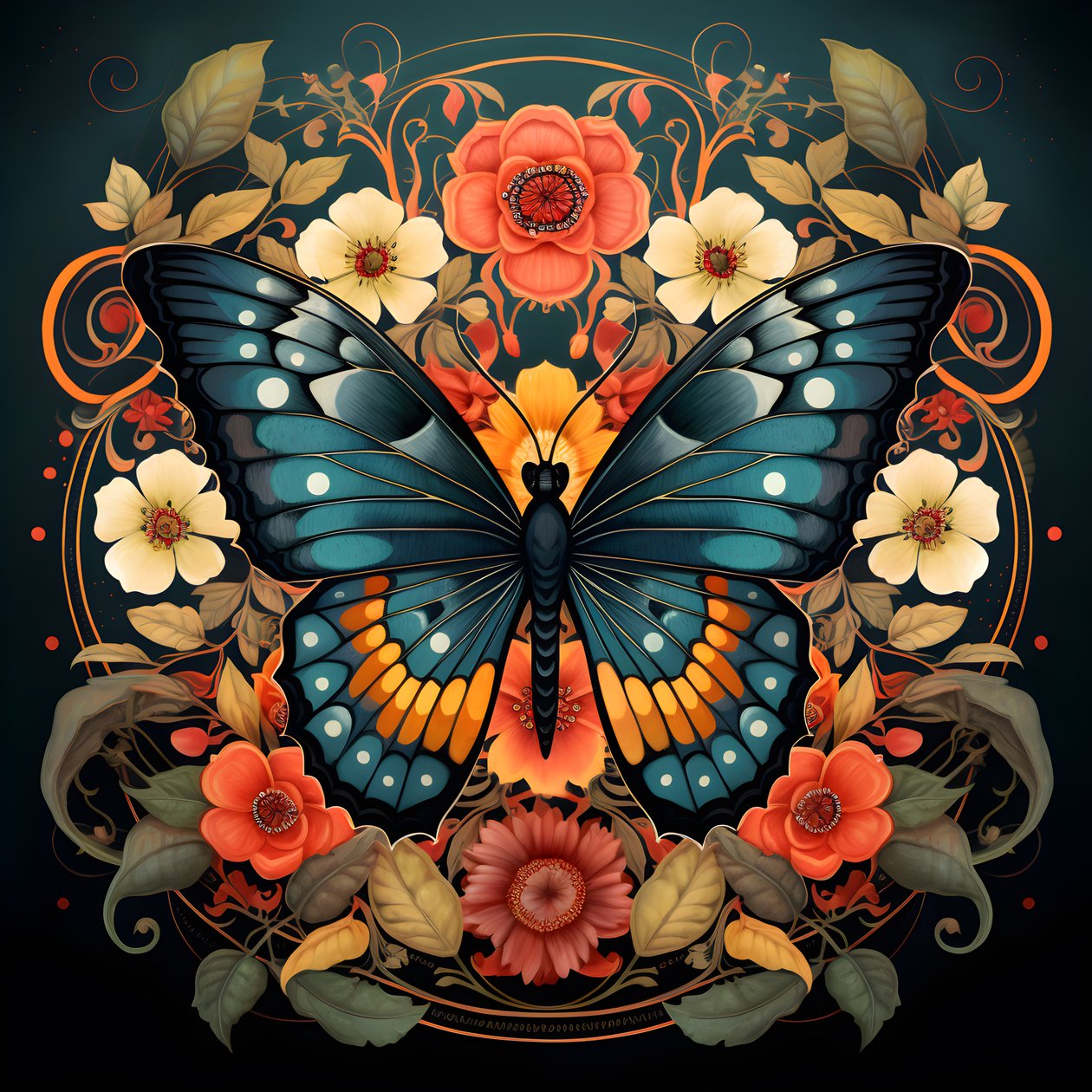 papillon au centre, symétrique, avec des fleurs en arrière-plan 4 - Kurt Heppke