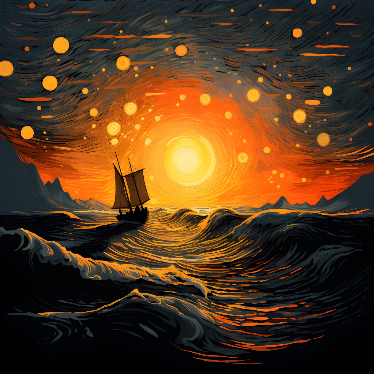 coucher de soleil, soleil orange-jaune, nuages, cinq cercles de nuages tournants dans un grand ciel, vagues ponctuées et nuages de coucher de soleil orange-jaune se reflétant sur les vagues, un bateau part en mer 1 - Kurt Heppke