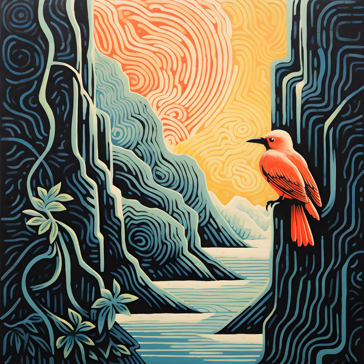 Ultra-minimalistische Illustration eines bunten tropischen Vogels, der auf einer verzweigten Pflanze vor einem Gebirgsbach mit einem schönen Wasserfall sitzt von Kurt Heppke