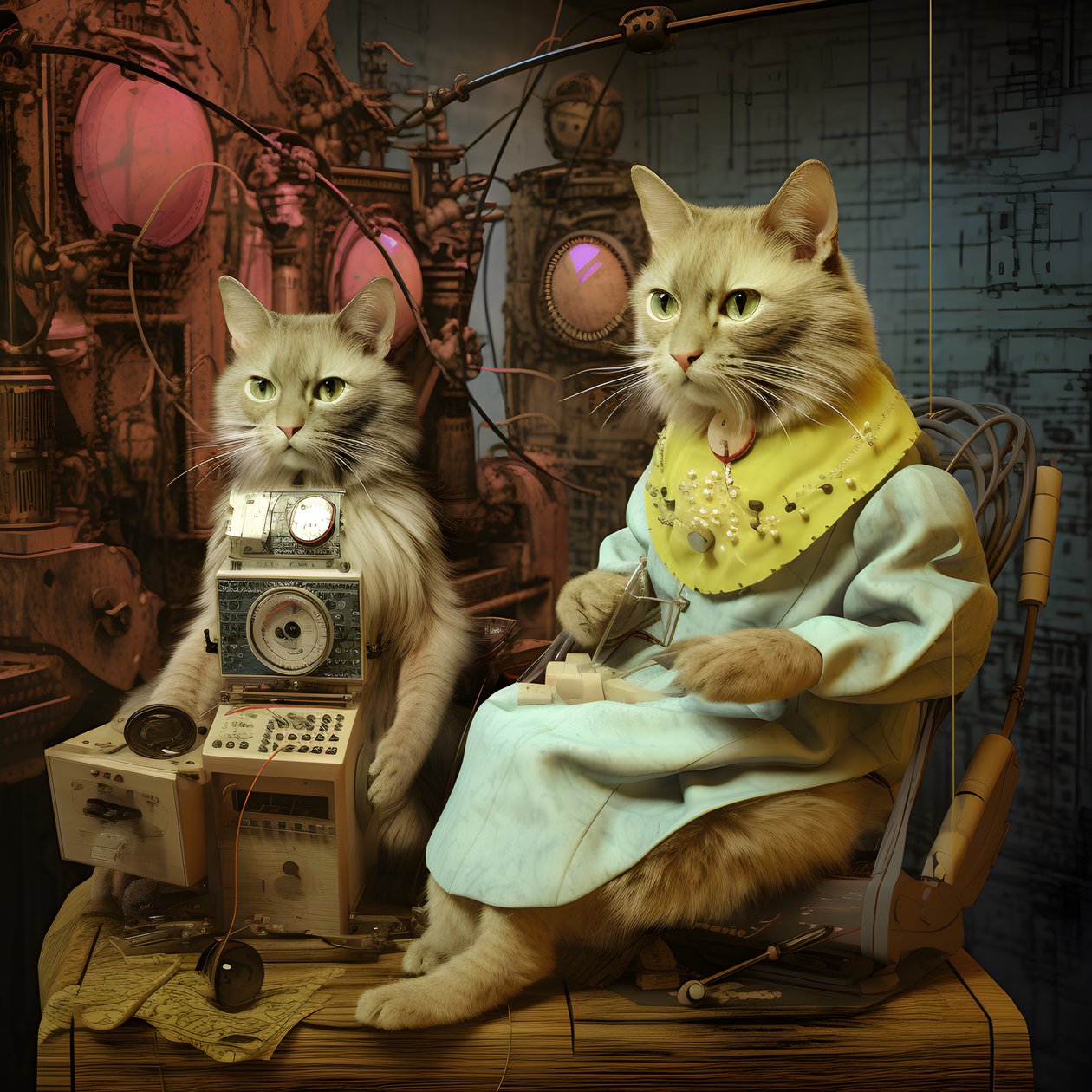 Deux chats anthropomorphes, chat et chatte, Kubrickian Synthetic 2 - Kurt Heppke