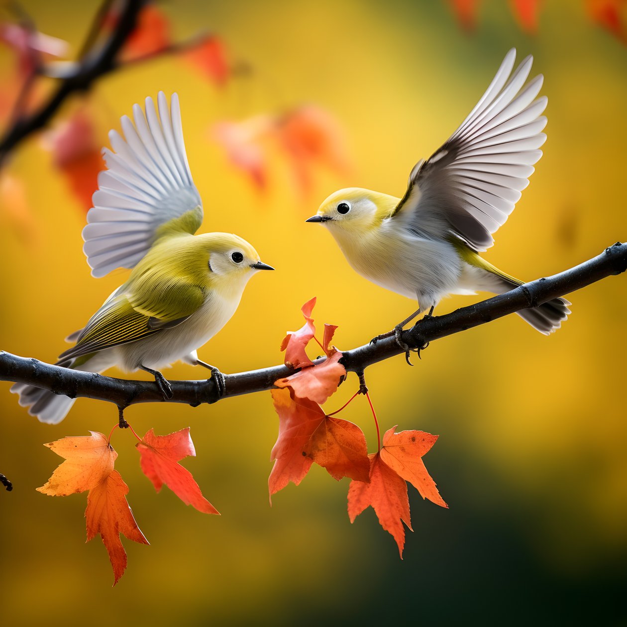 Deux adorables oiseaux à lunettes verts déploient leurs ailes et volent dans les feuilles d