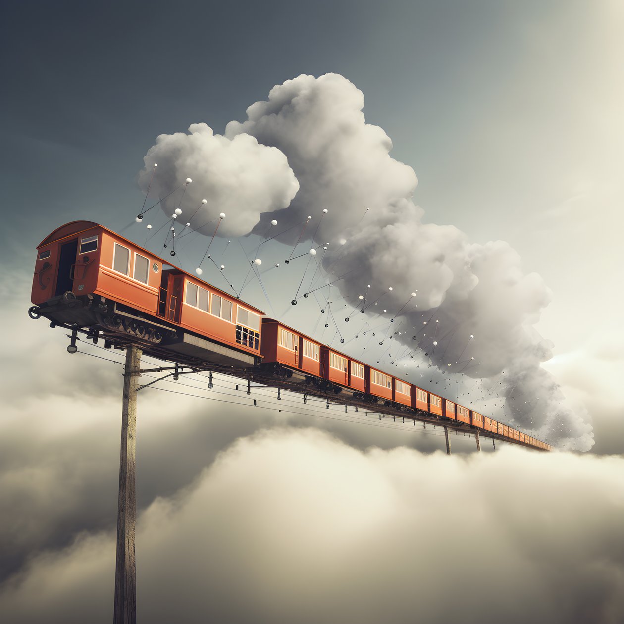 un train de médias sociaux en mouvement rapide volant à travers les nuages suspendu par un fil 1 - Kurt Heppke