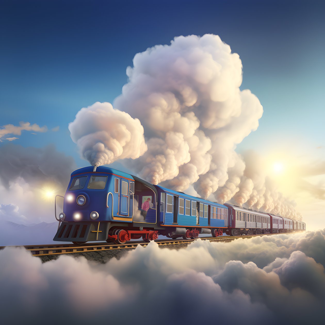 un train de médias sociaux en mouvement rapide volant à travers les nuages suspendu par un fil 2 - Kurt Heppke