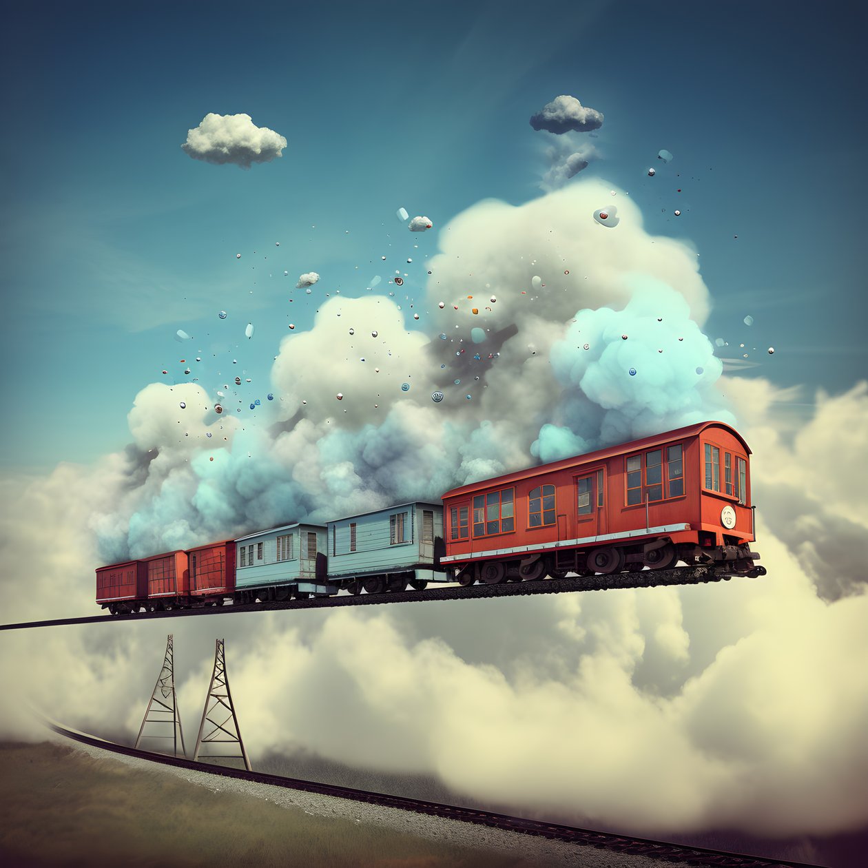 un train de médias sociaux en mouvement rapide volant à travers les nuages suspendu par un fil 3 - Kurt Heppke