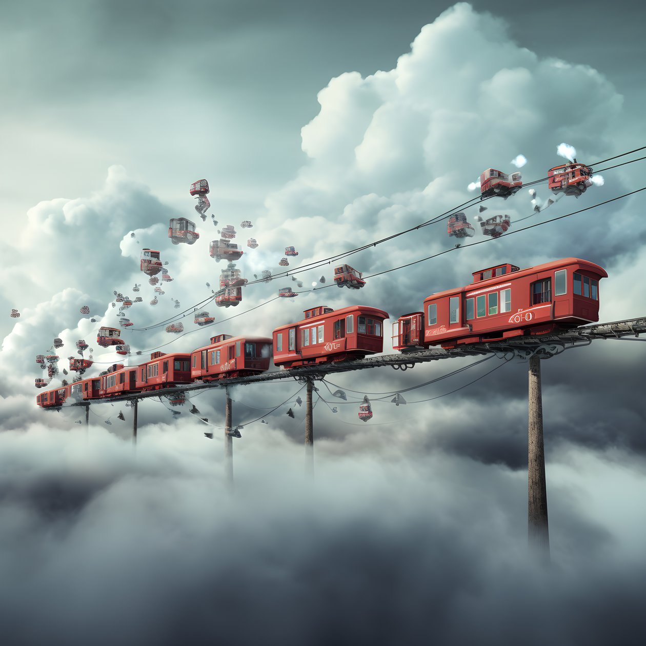 un train de médias sociaux en mouvement rapide volant à travers les nuages suspendu par un fil 4 - Kurt Heppke