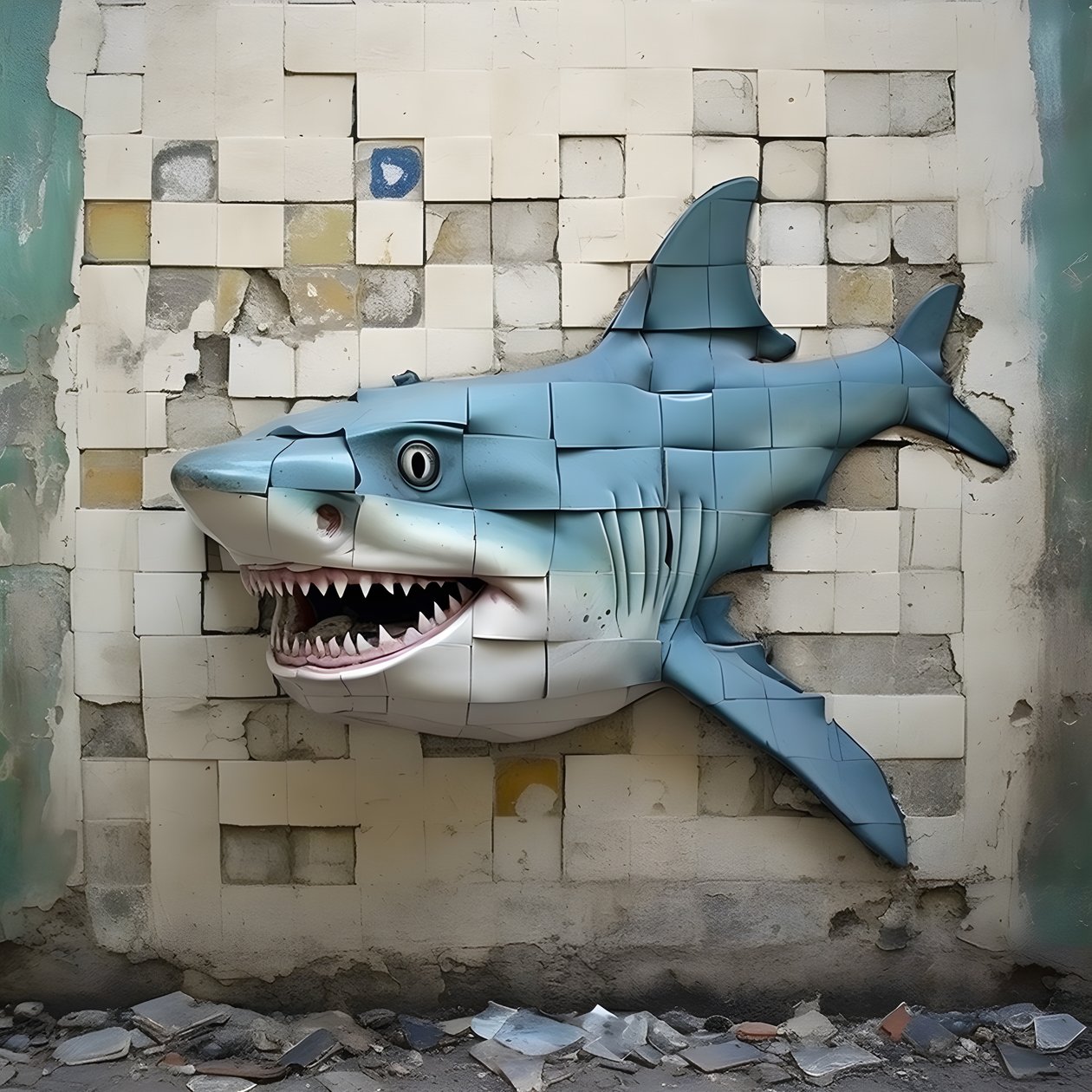 un requin bleu avec un visage peint sur un vieux mur 3 - Kurt Heppke