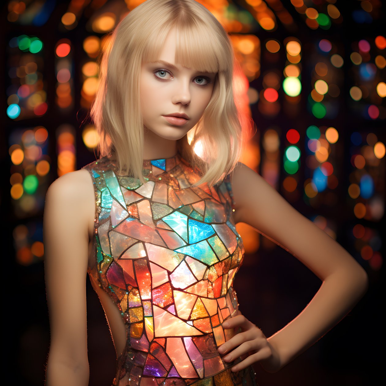 jolie fille blonde de 14 ans portant une robe en vitrail Tiffany colorée - Kurt Heppke