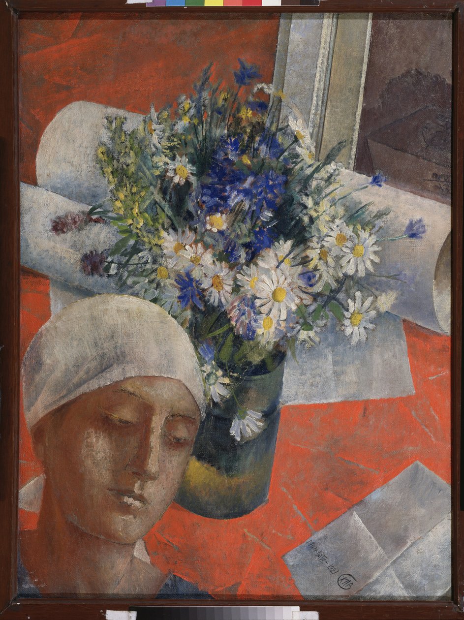 Fleurs et tête de femme - Kuzma Sergeevich Petrov-Vodkin