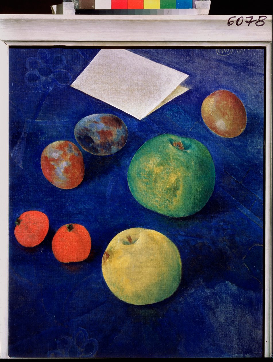 Fruits sur une nappe bleue - Kuzma Sergeevich Petrov Vodkin