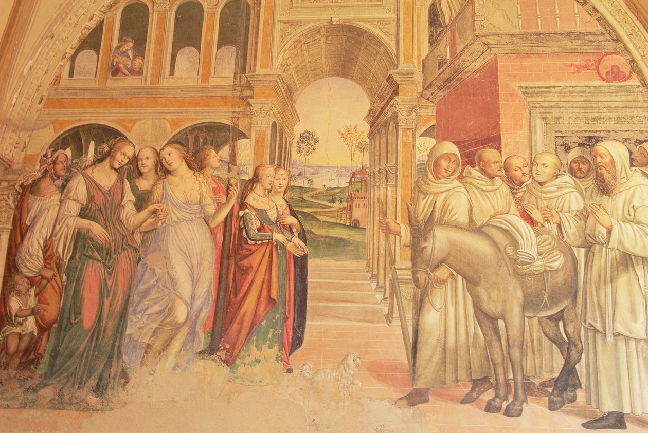 Florent envoie des femmes de mauvaise vie au monastère, de la Vie de Saint Benoît, 1497-98 - L. and Sodoma, G. Signorelli