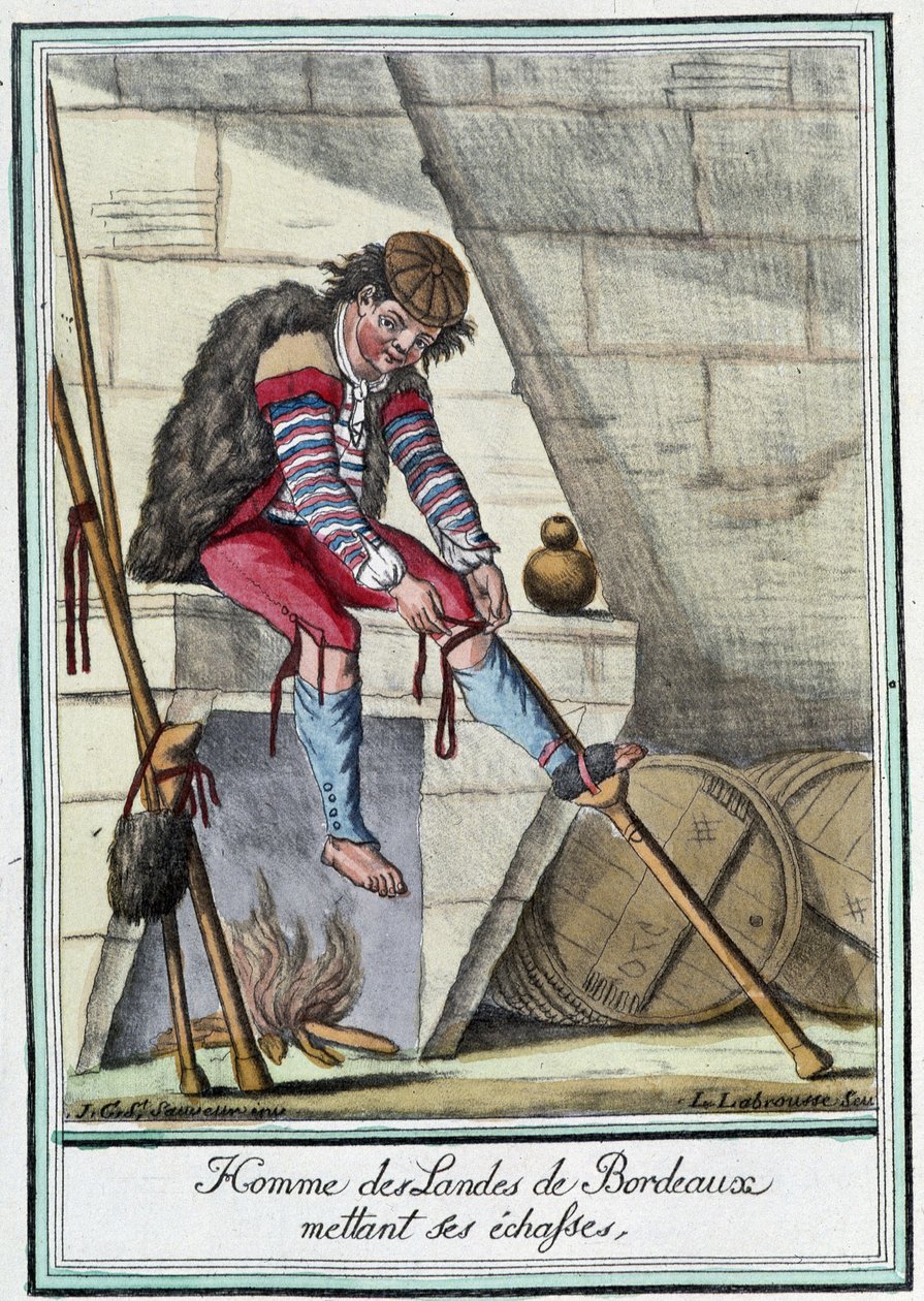 Homme des Landes de Bordeaux mettant ses échasses - L.F. Labrousse