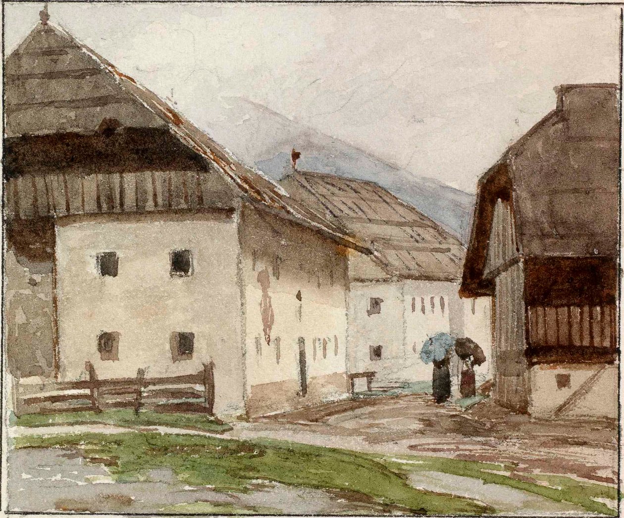 Motif villageois avec femmes et parapluies - Ladislav Benesch