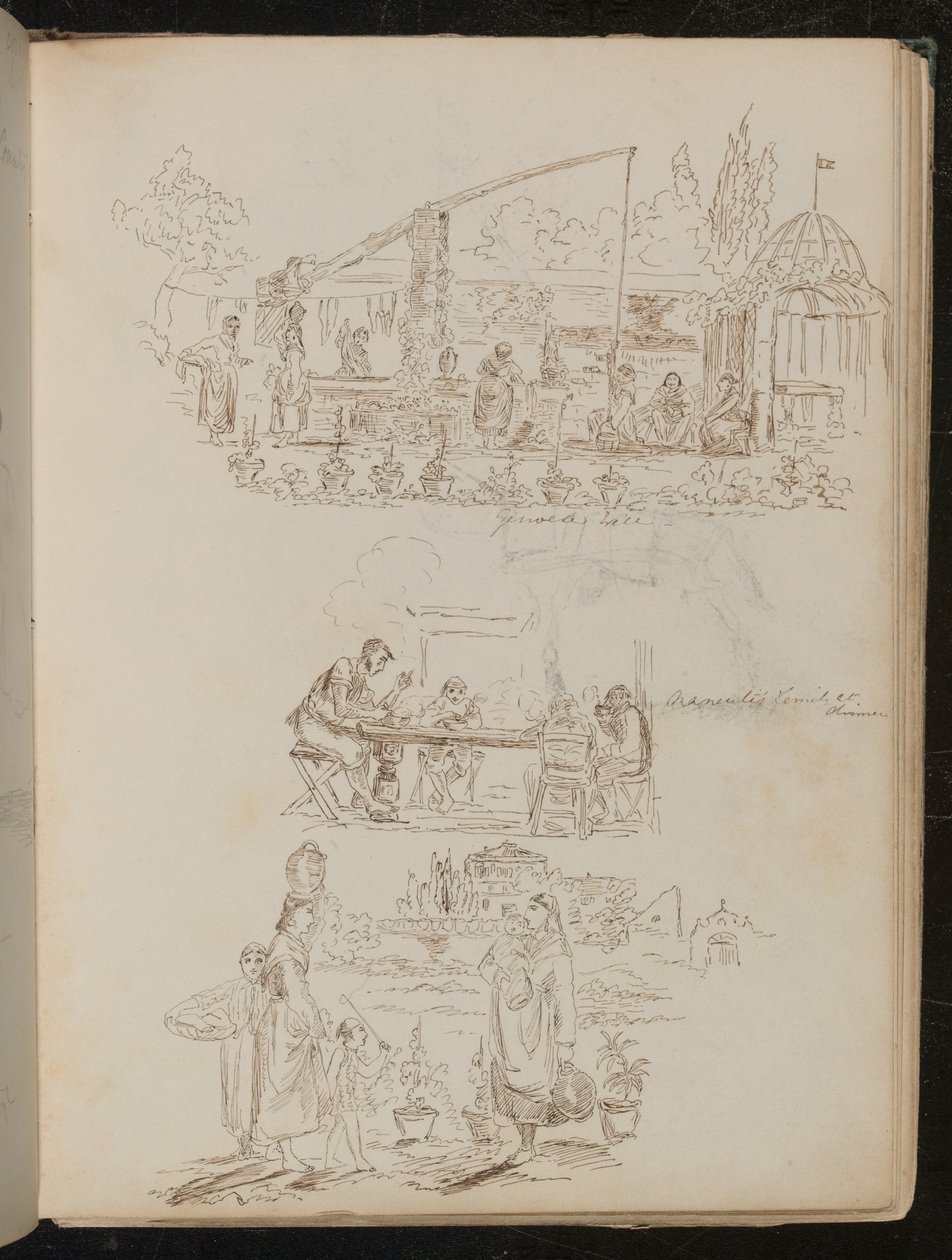 Scène de jardin et de lessive avec des figures féminines inscrites "Puits génois", et une étude de quatre figures inscrites "Famille Manenti à dîner" - Lady Butler