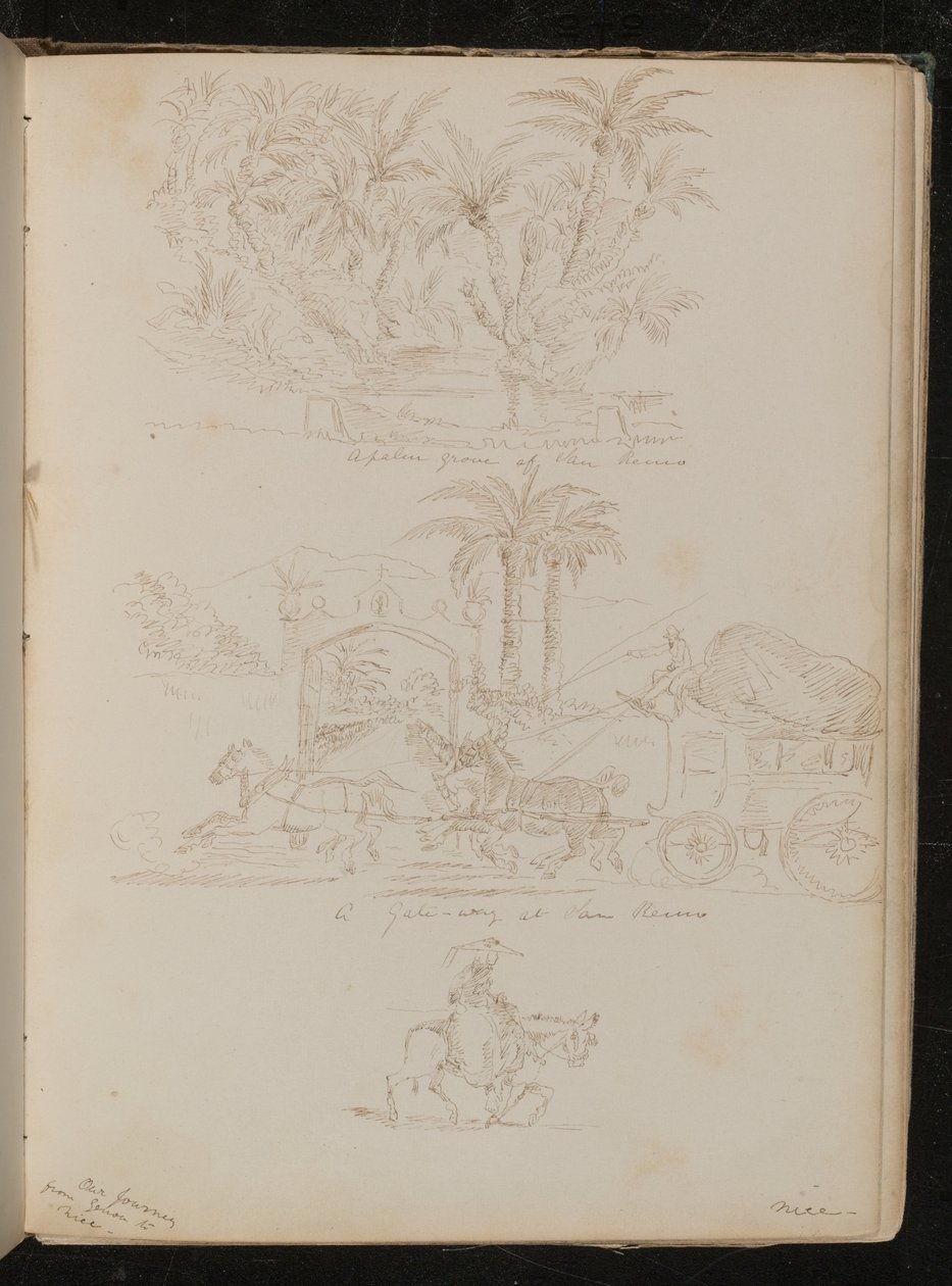 "Une palmeraie à San Remo", une calèche devant "une porte à San Remo", une figure féminine à cheval - Lady Butler