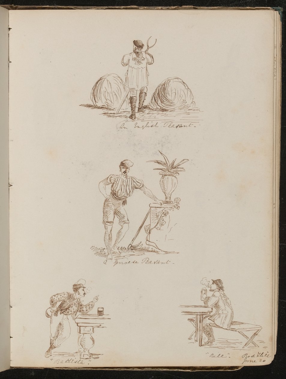 "Paysanne anglaise", "Paysanne génoise", étude de figures dans des tavernes inscrites "Battista" et "Bile", lieu et date "20 juin" - Lady Butler