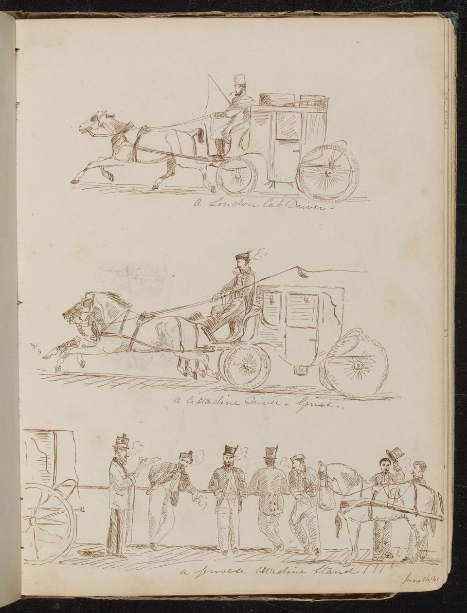 Études de "un cocher de cab londonien", "un cocher de Cittadine - Gênes", et "un stand de Cittadine génois", daté "26 juin 61" - Lady Butler