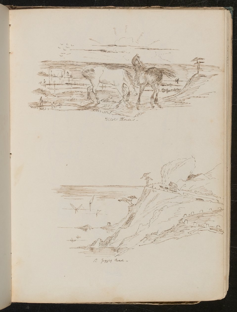 Étude de deux chevaux dans un paysage inscrit "Chevaux sauvages", étude de scène côtière et de falaise inscrite "une route en zigzag" - Lady Butler