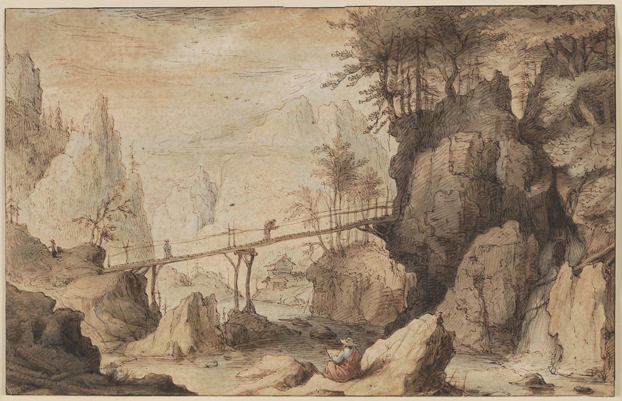 Dessinateur sur une pierre devant un pont - Lambert Doomer