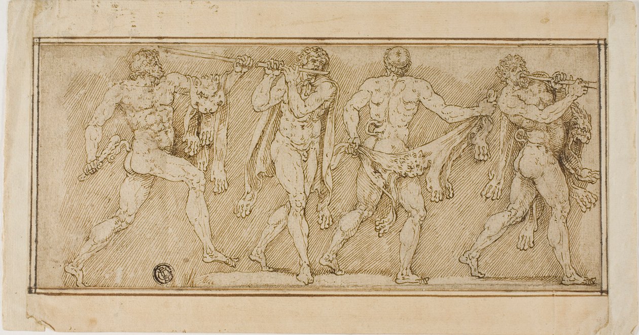 Frise de satyres portant des peaux de lion et jouant de la flûte - Lambert Lombard
