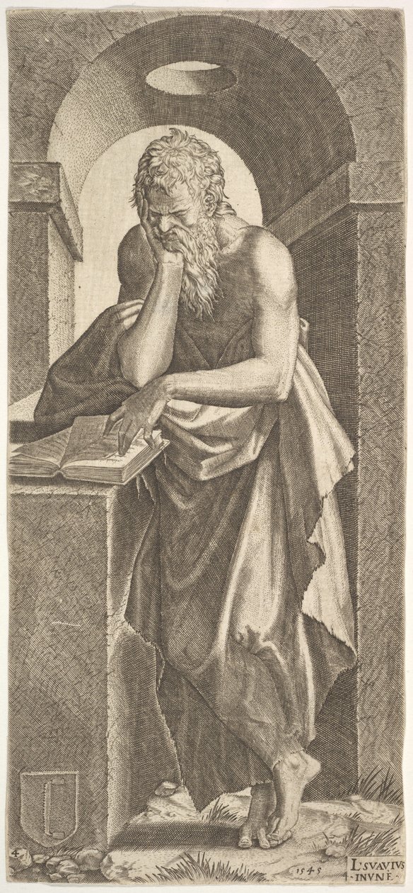 Saint Simon devant un livre ouvert avec les doigts de sa main gauche pressés sur le..., 1545 - Lambert Suavius