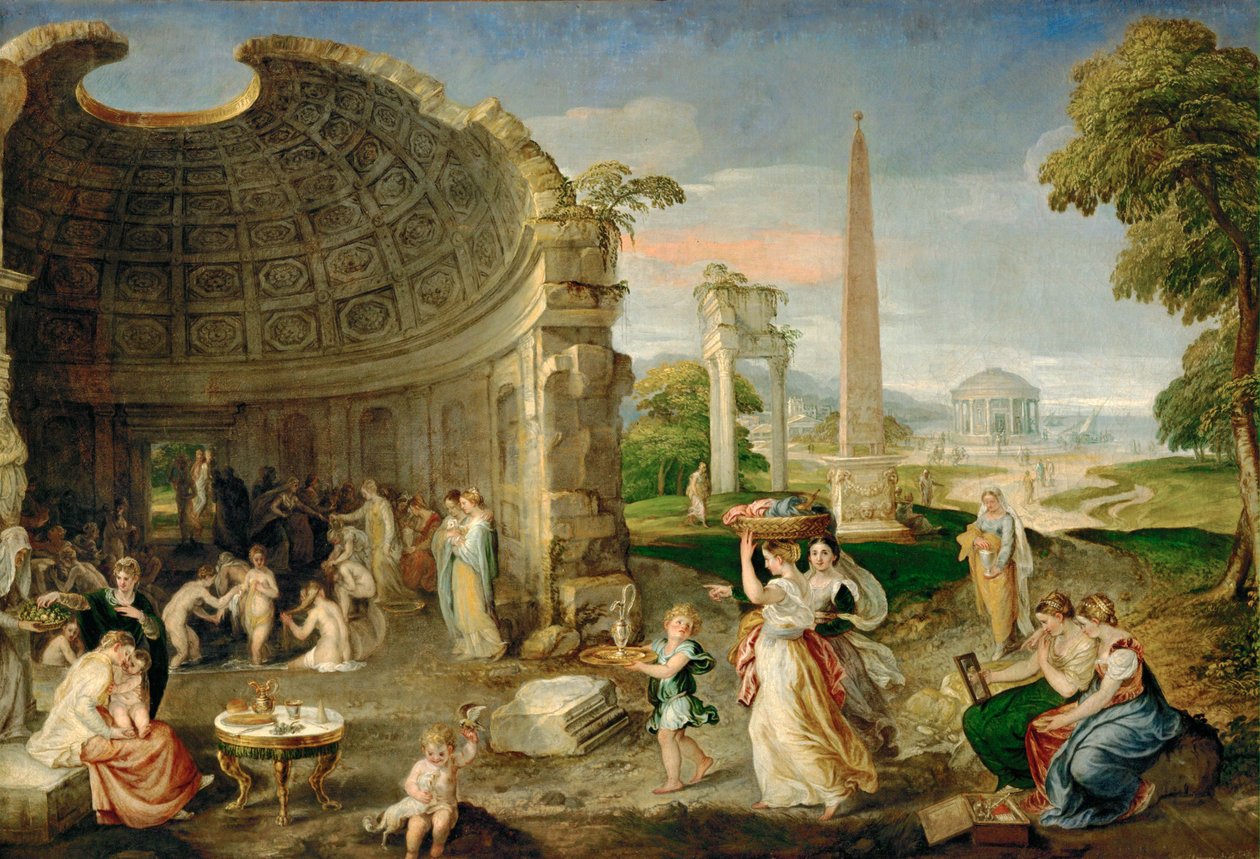 Paysage avec ruines antiques et baigneuses ... (huile sur toile) - Lambert Sustris