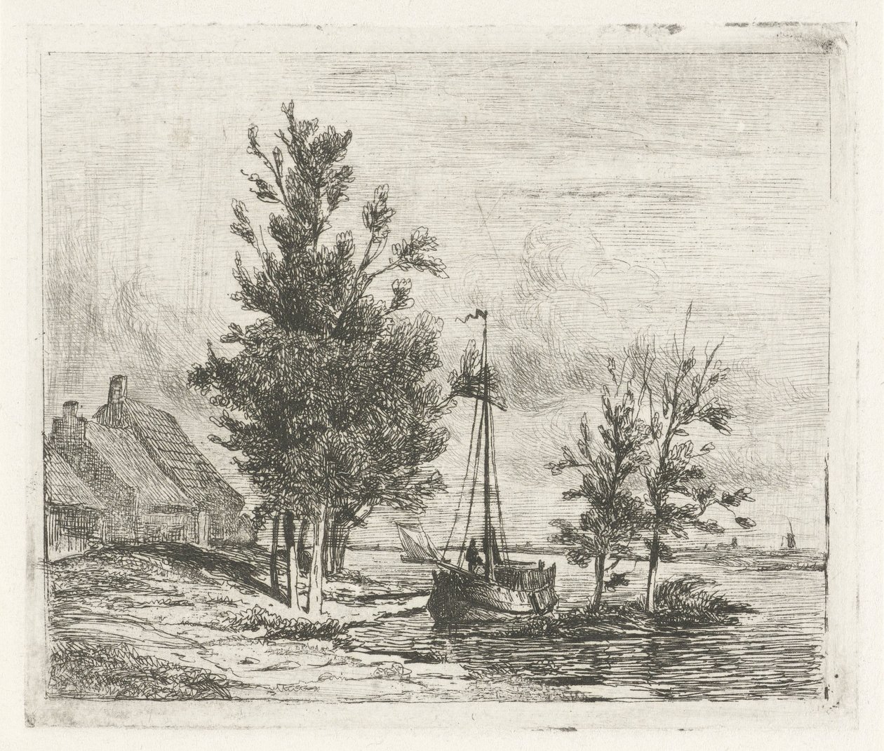 Paysage fluvial avec voilier et ferme - Lambertus  Hardenberg