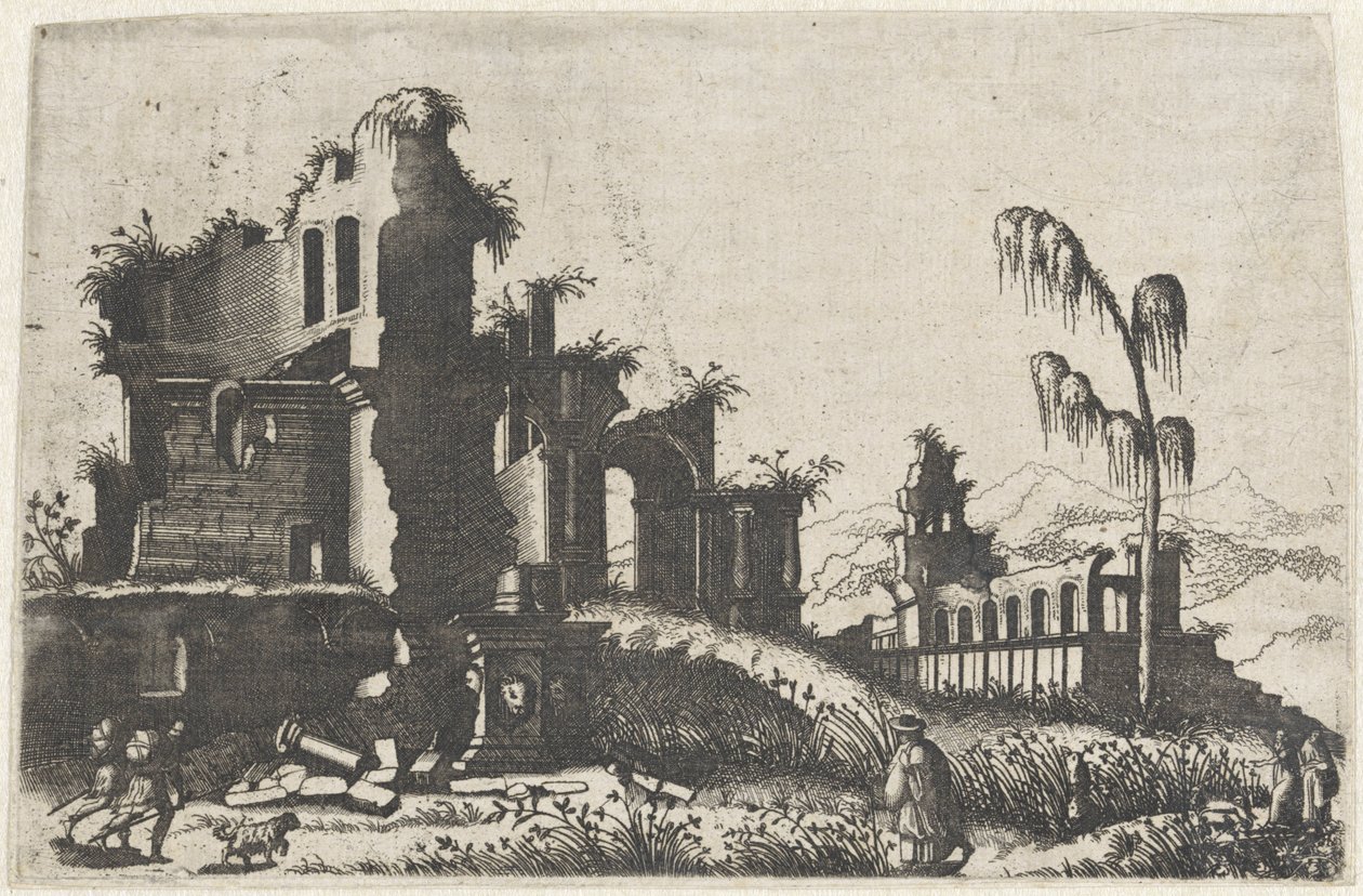 Paysage avec ruines couvertes de végétation et voyageurs - Lambertus Suavius