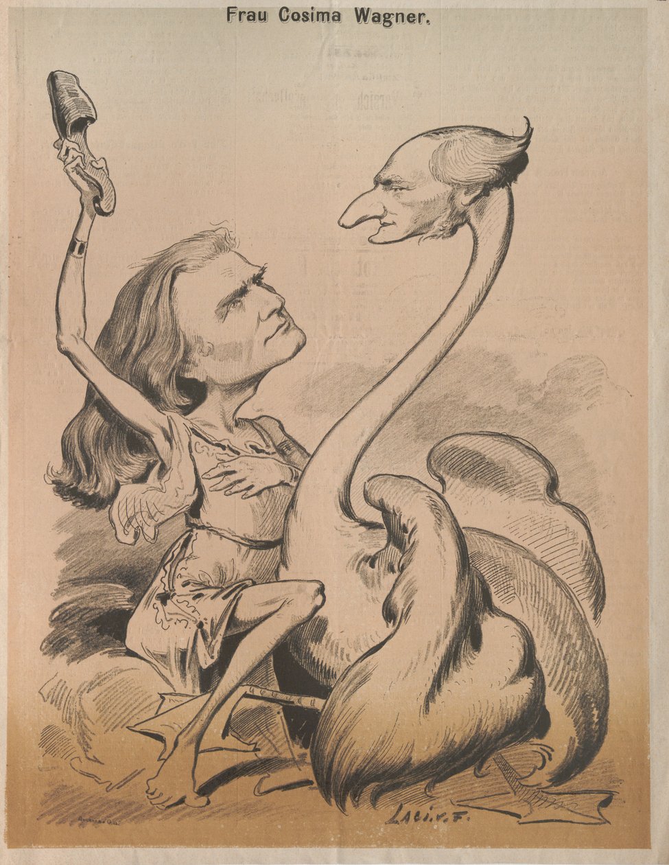 Richard Wagner en cygne et Cosima Wagner en Léda, couverture de Die Bombe, 1875 - Laszlo Frecskay