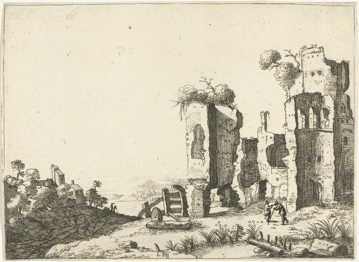 Homme appuyé sur un bâton devant une ruine (Paysages avec bâtiments romains antiques) - Laurens Barata