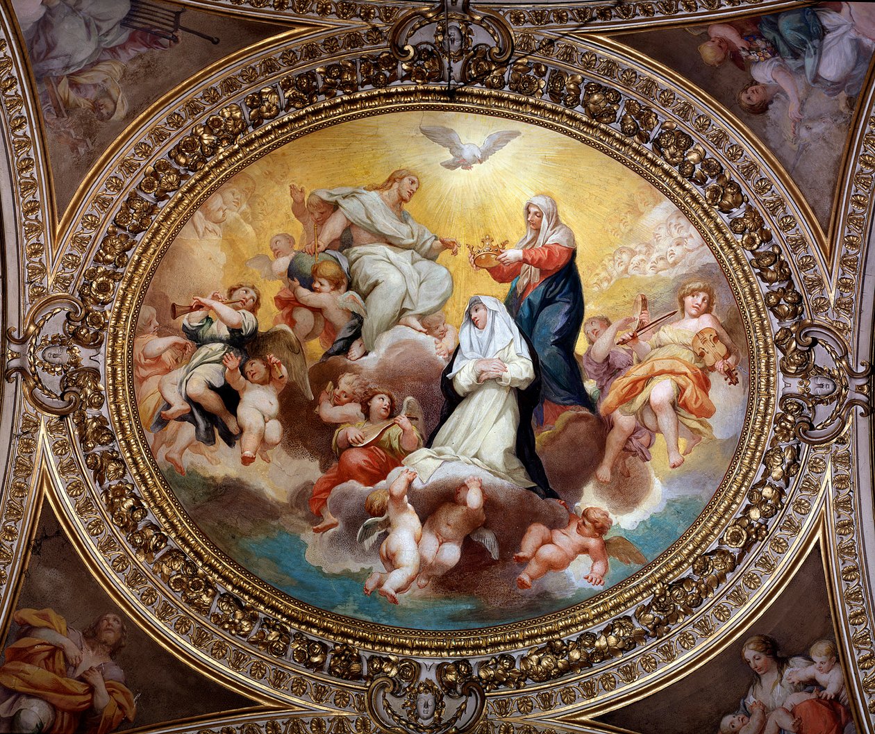 La Sainte Vierge couronnant Sainte Rose de Lima avec Jésus et le Saint-Esprit - Lazzaro Baldi