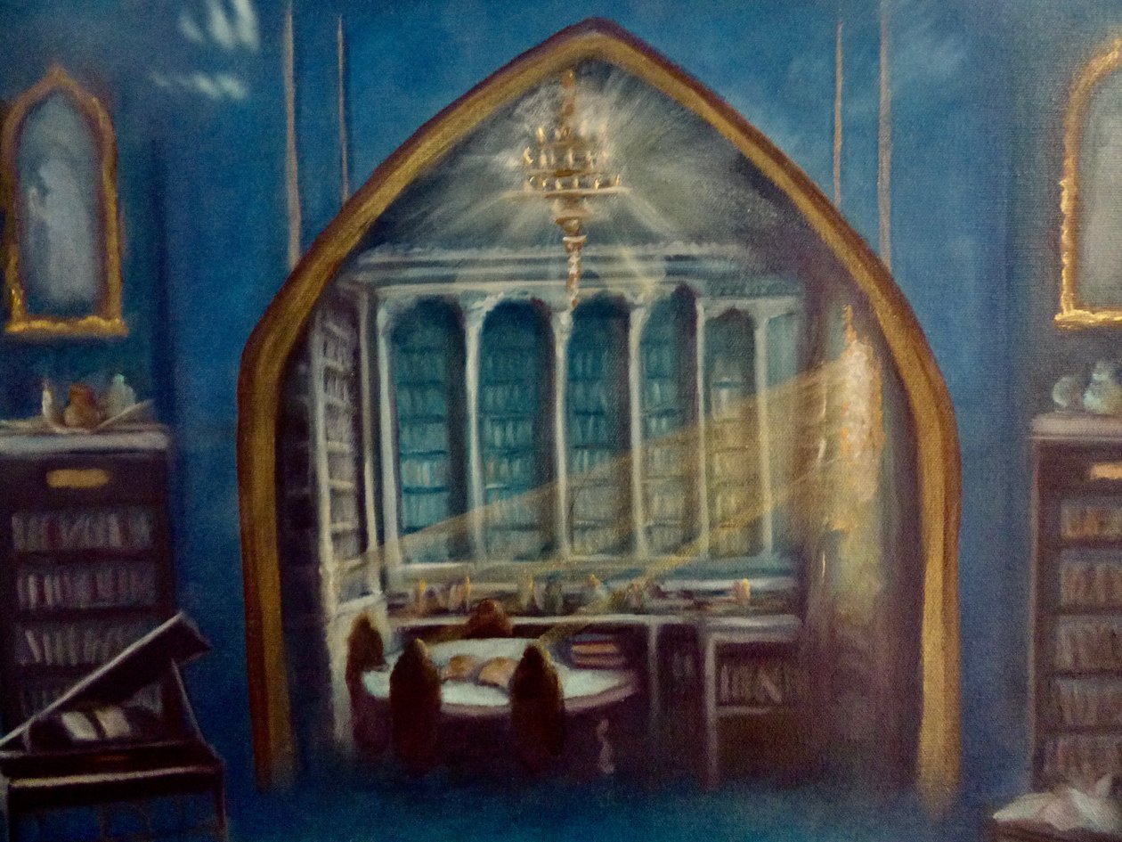 Détail de la Bibliothèque enchantée, 2024 (huile sur toile) - Lee Campbell