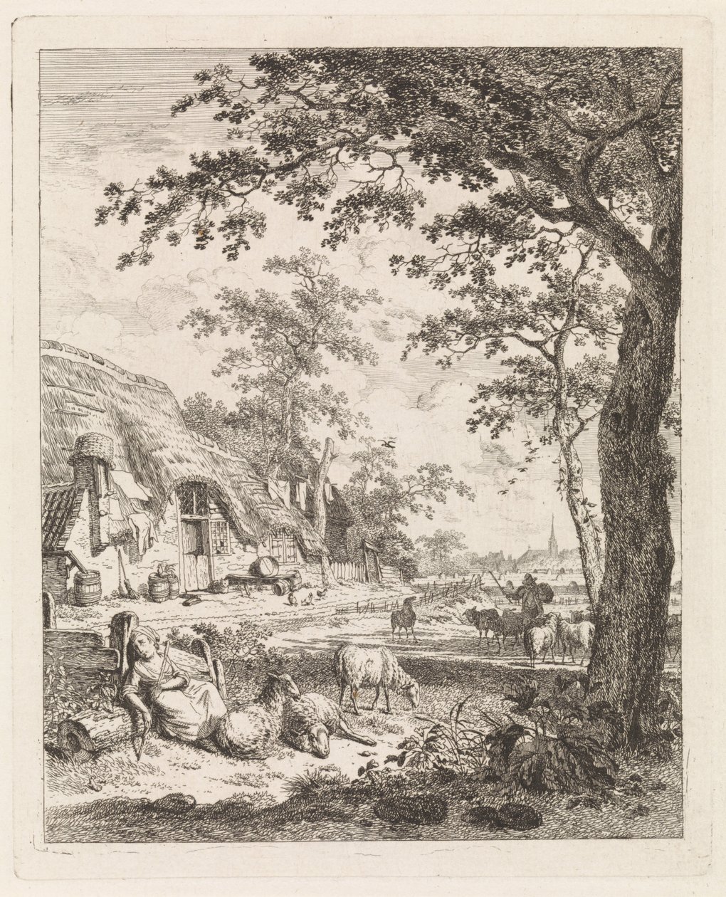 Bergère avec des moutons devant une ferme - Leendert Overbeek