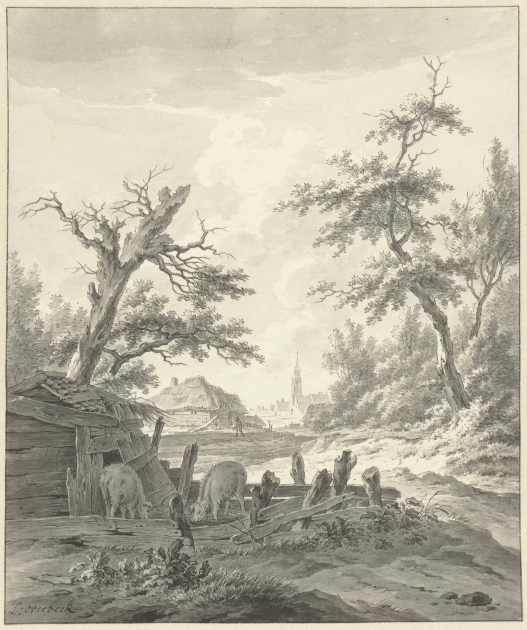 Paysage avec une porcherie au premier plan - Leendert Overbeek