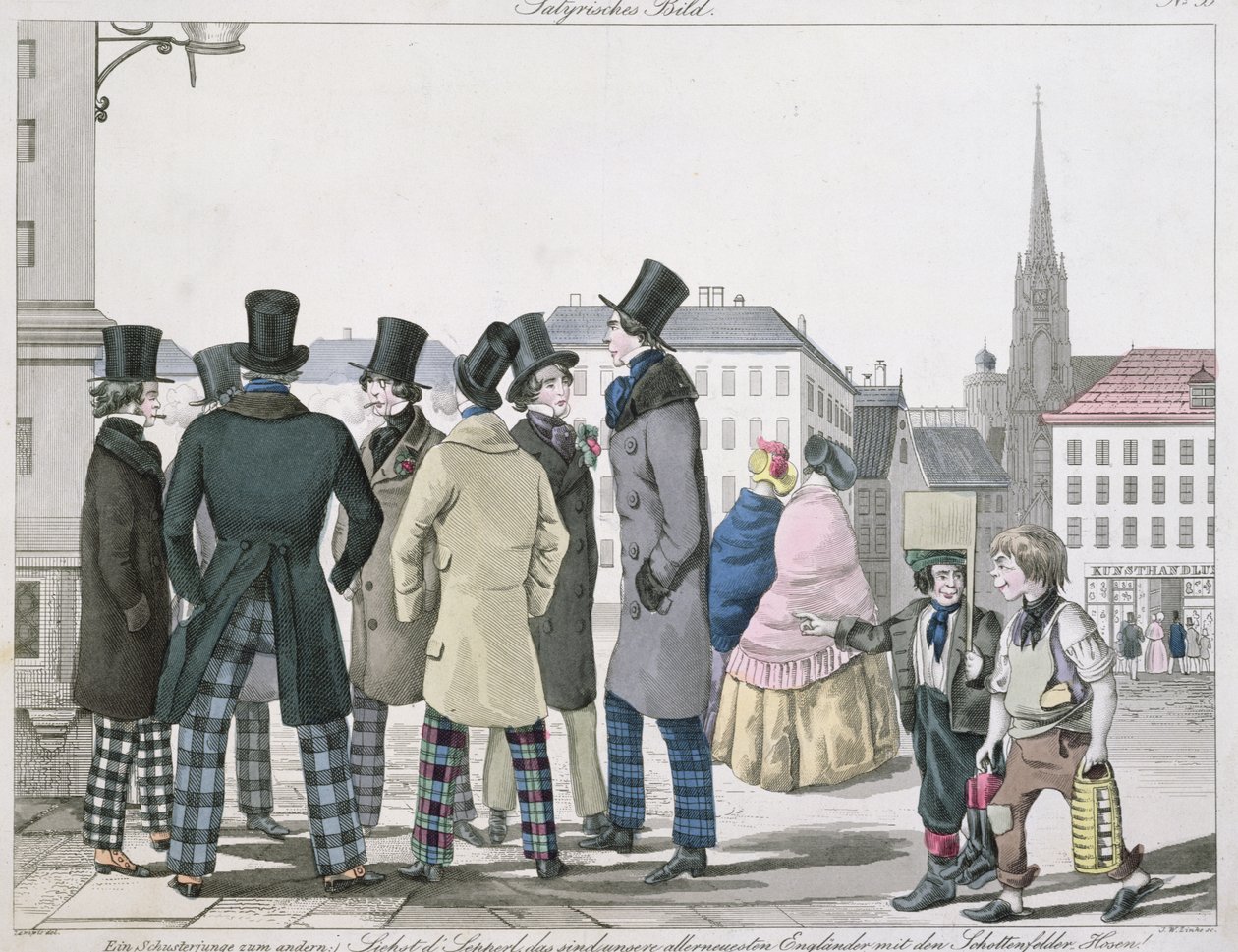 Hommes élégants portant des pantalons écossais dans les rues de Vienne, gravé par J. W. Linke, c.1840 - Lempis