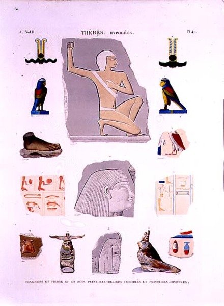 Illustrations de reliefs peints sur des fragments de pierre et de bois Hypogées, Thèbes planche 47 du Vol II de 